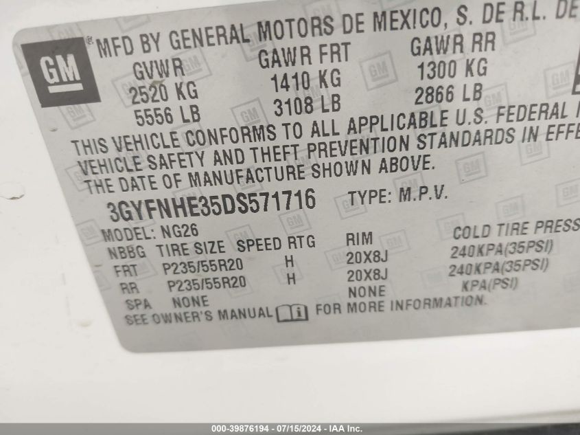 2013 Cadillac Srx Performance Collection VIN: 3GYFNHE35DS571716 Lot: 39876194
