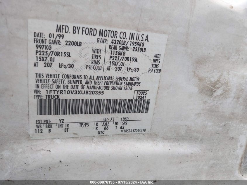 1999 Ford Ranger Xl/Xlt VIN: 1FTYR10V3XUB20355 Lot: 39876195