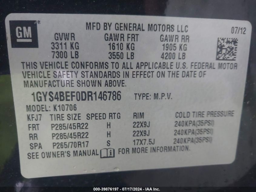 1GYS4BEF0DR146786 2013 Cadillac Escalade Luxury