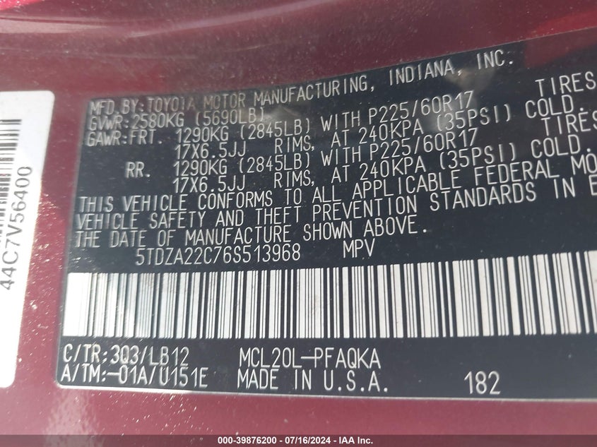 2006 Toyota Sienna Xle Limited VIN: 5TDZA22C76S513968 Lot: 39876200