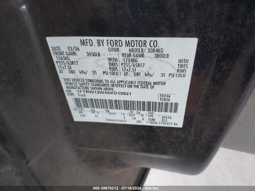 2006 Ford F150 Supercrew VIN: 1FTRW12WX6KD15821 Lot: 39876212
