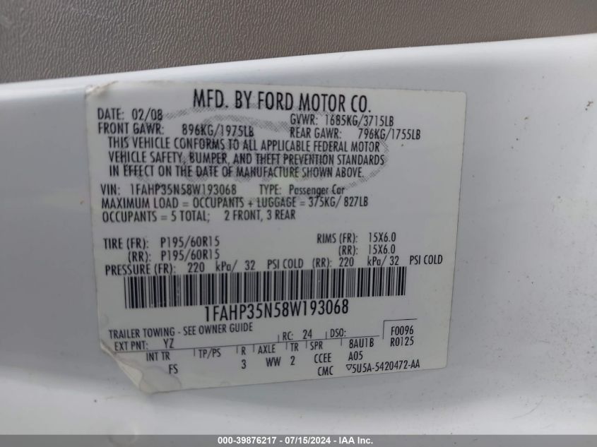 1FAHP35N58W193068 2008 Ford Focus Se/Ses