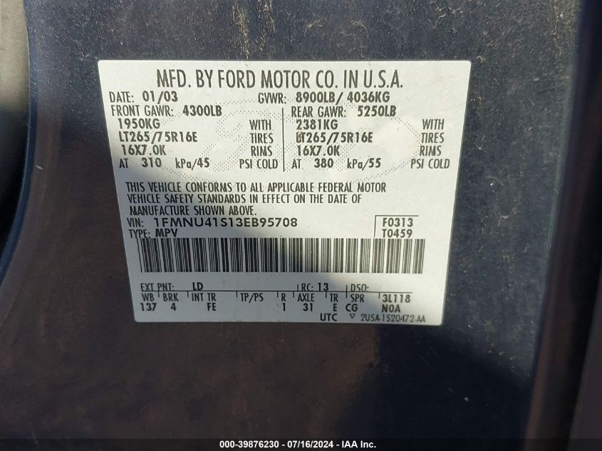 2003 Ford Excursion Xlt VIN: 1FMNU41S13EB95708 Lot: 39876230