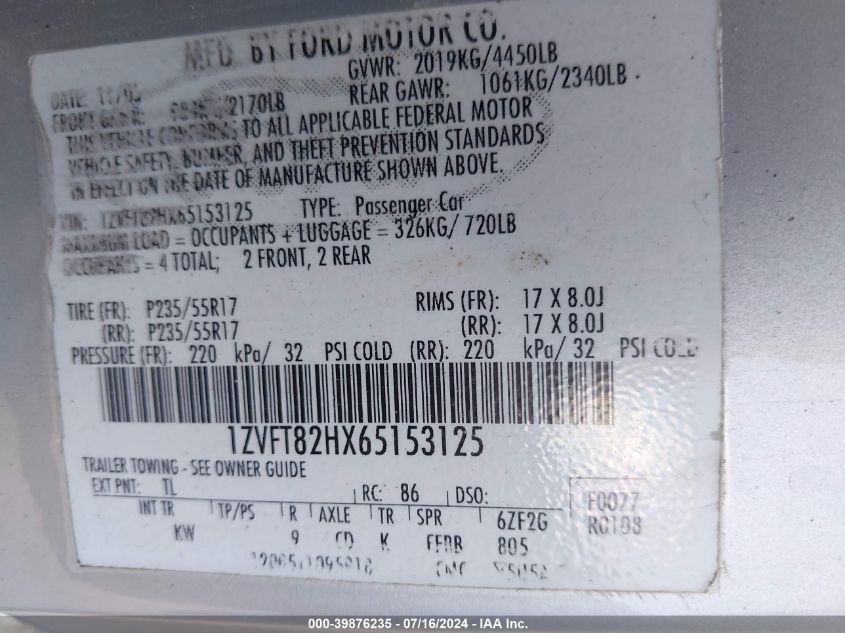 2006 Ford Mustang Gt VIN: 1ZVFT82HX65153125 Lot: 39876235