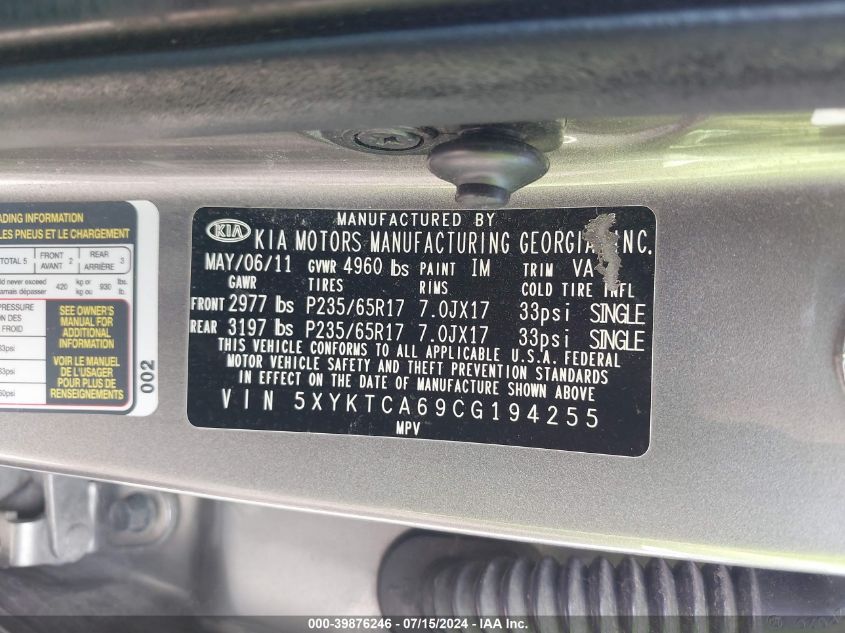 2012 Kia Sorento Lx VIN: 5XYKTCA69CG194255 Lot: 39876246