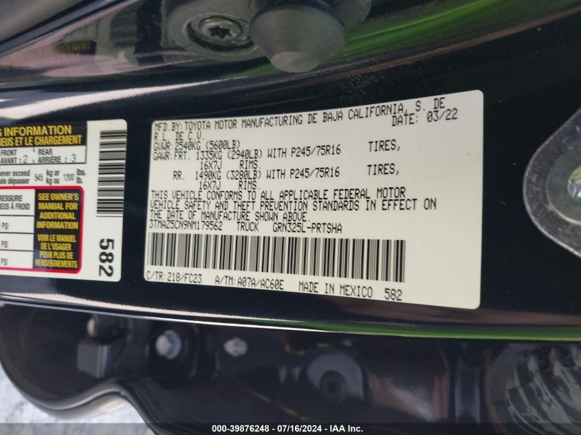 2022 Toyota Tacoma Sr5 V6 VIN: 3TMAZ5CN9NM179562 Lot: 39876248