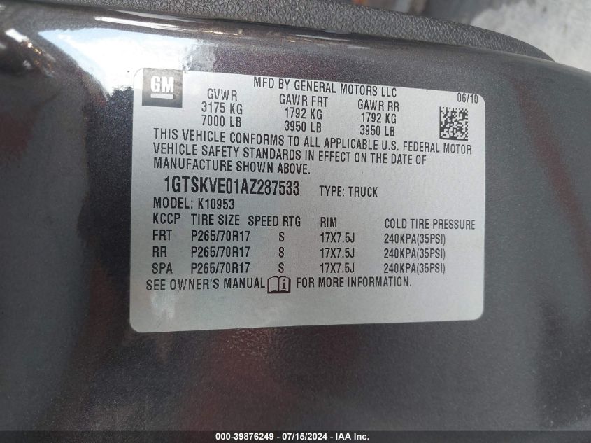 2010 GMC Sierra 1500 Sle VIN: 1GTSKVE01AZ287533 Lot: 39876249