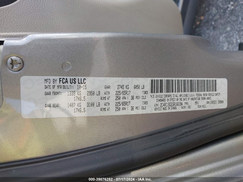 2016 Chrysler Town & Country Touring VIN: 2C4RC1BG2GR166194 Lot: 39876252