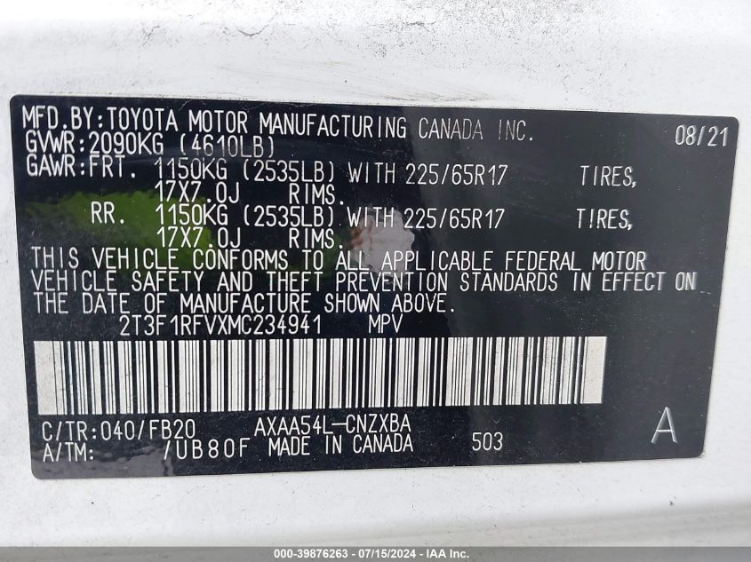 2021 Toyota Rav4 Le VIN: 2T3F1RFVXMC234941 Lot: 39876263