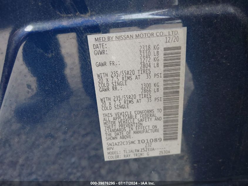 2021 Nissan Murano Sl Fwd VIN: 5N1AZ2CJ5MC101089 Lot: 39876295