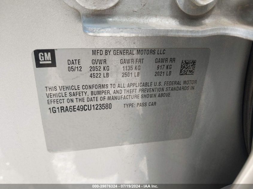 2012 Chevrolet Volt VIN: 1G1RA6E49CU123580 Lot: 39876324