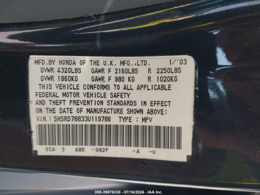 2003 Honda Cr-V Ex VIN: SHSRD78833U119786 Lot: 39876330