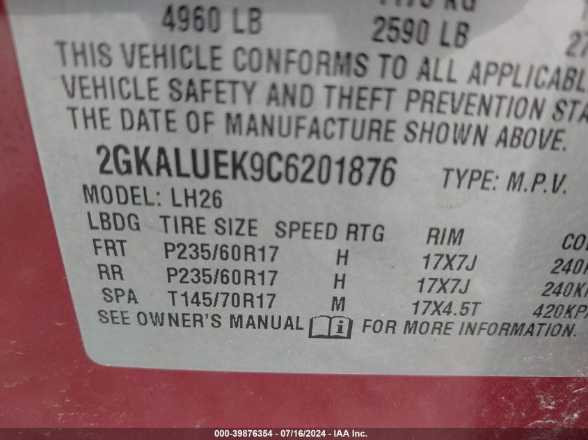 2012 GMC Terrain Slt-1 VIN: 2GKALUEK9C6201876 Lot: 39876354