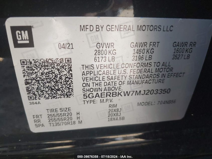 2021 Buick Enclave Fwd Essence VIN: 5GAERBKW7MJ203350 Lot: 39876358