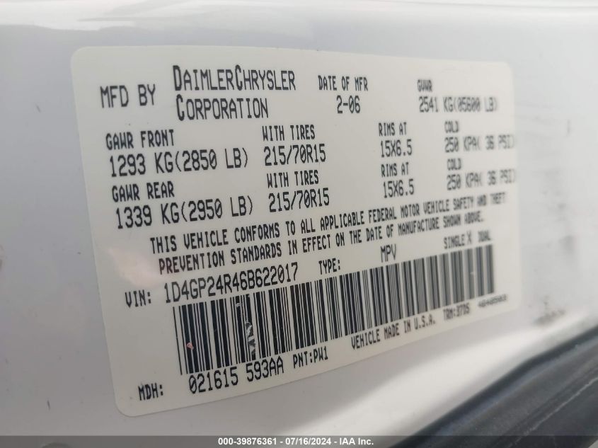 2006 Dodge Grand Caravan Se VIN: 1D4GP24R46B622017 Lot: 39876361