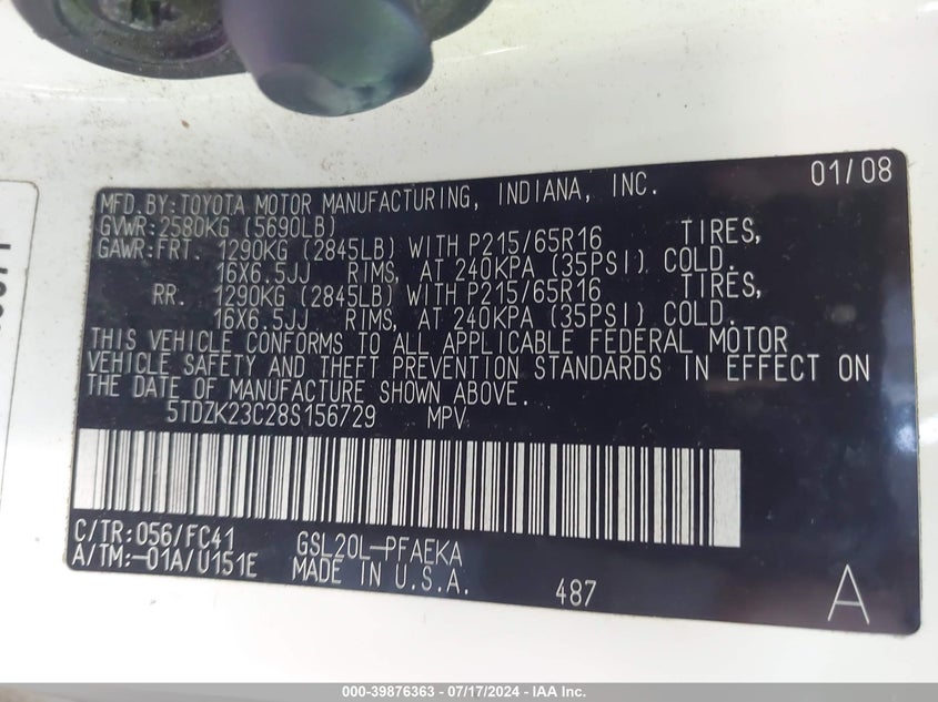 2008 Toyota Sienna Ce/Le VIN: 5TDZK23C28S156729 Lot: 39876363