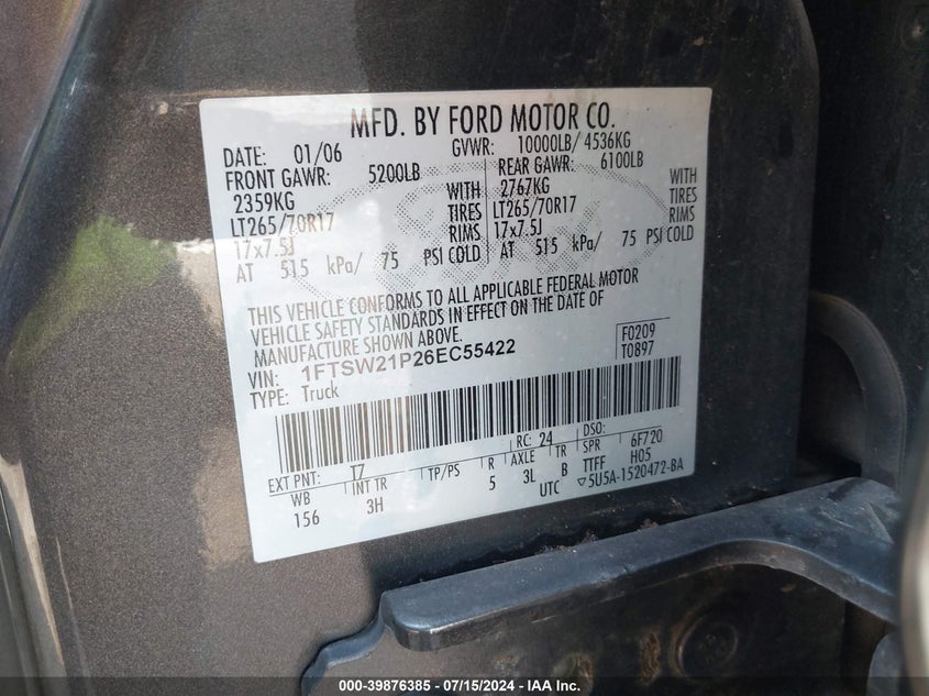 2006 Ford F-250 Lariat/Xl/Xlt VIN: 1FTSW21P26EC55422 Lot: 39876385