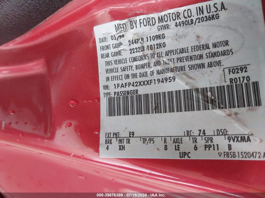 1999 Ford Mustang Gt VIN: 1FAFP42XXXF194959 Lot: 39876389