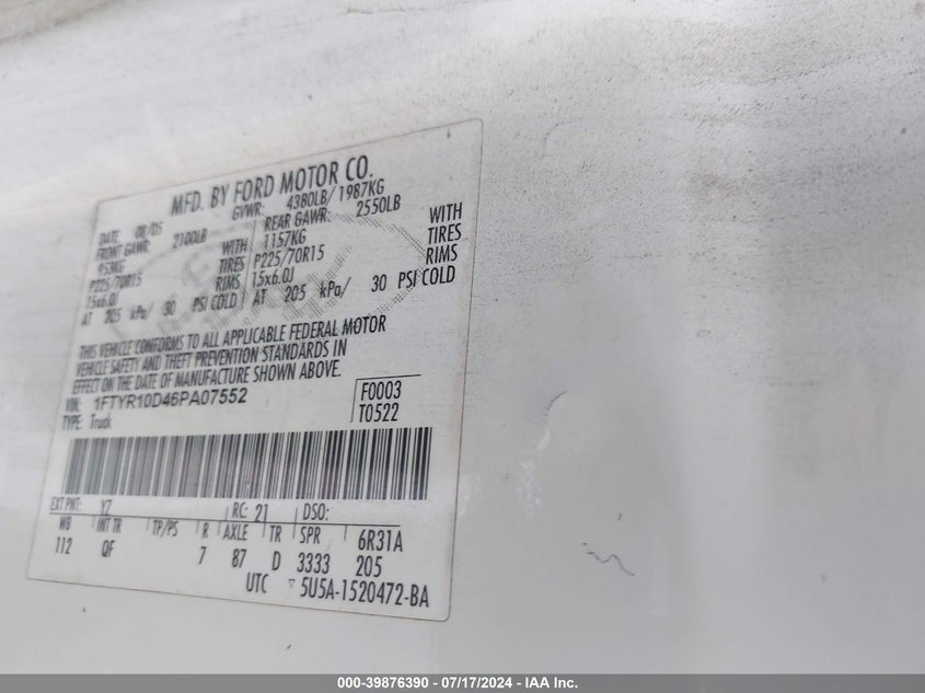 2006 Ford Ranger Xl/Xlt VIN: 1FTYR10D46PA07552 Lot: 39876390