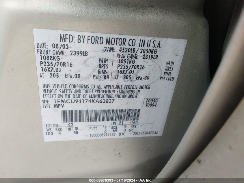 2004 Ford Escape Limited VIN: 1FMCU94174KA63837 Lot: 39876393