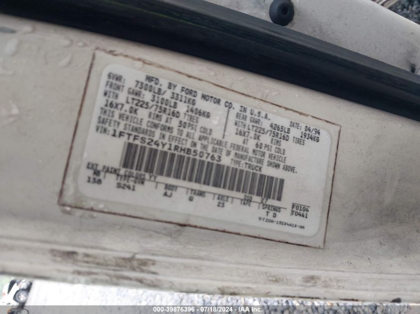 1994 Ford Econoline E250 Super Duty Van VIN: 1FTFS24Y1RHB50763 Lot: 39876396