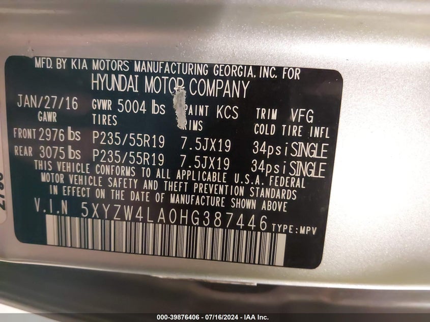 2017 Hyundai Santa Fe Sport 2.0T Ultimate VIN: 5XYZW4LA0HG387446 Lot: 39876406