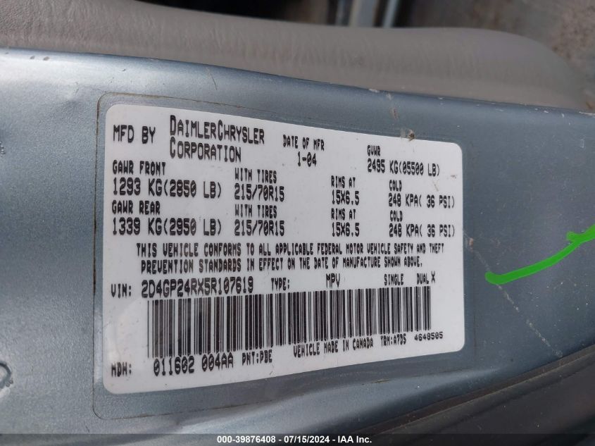 2005 Dodge Grand Caravan Se VIN: 2D4GP24RX5R107619 Lot: 39876408