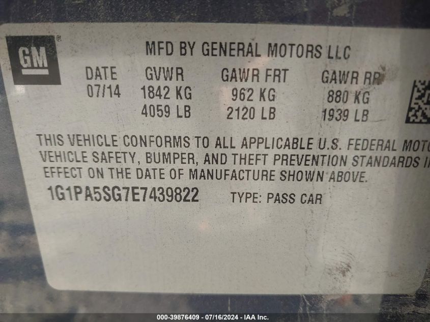 2014 Chevrolet Cruze Ls Auto VIN: 1G1PA5SG7E7439822 Lot: 39876409