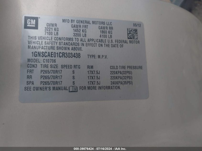 2012 Chevrolet Tahoe Ls VIN: 1GNSCAE01CR303438 Lot: 39876424