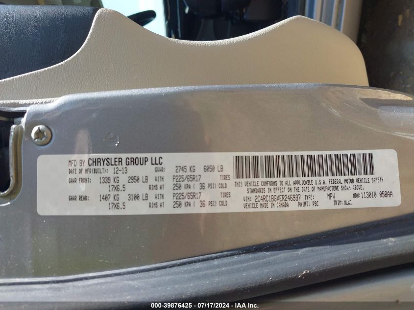 2014 Chrysler Town & Country Touring VIN: 2C4RC1BGXER246937 Lot: 39876425