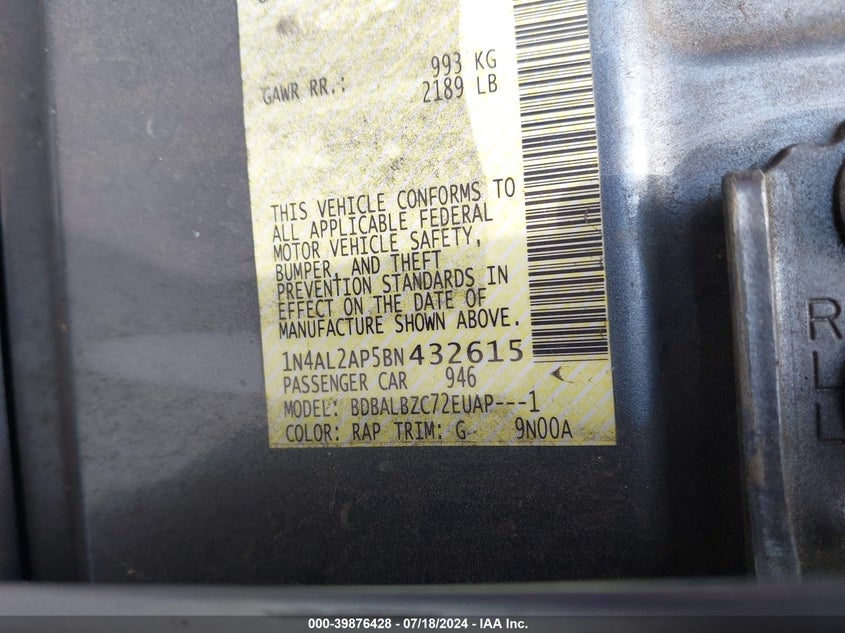 2011 Nissan Altima 2.5 S VIN: 1N4AL2AP5BN432615 Lot: 39876428