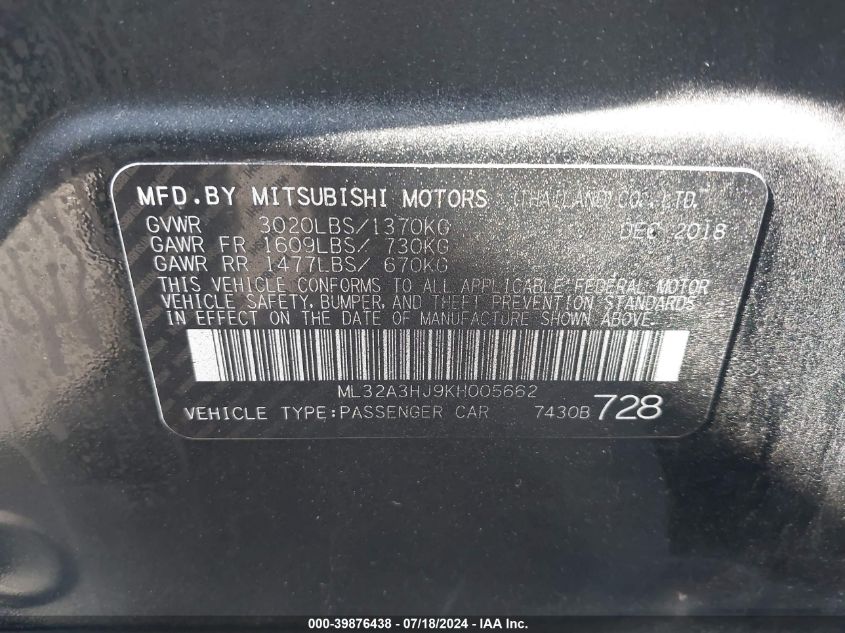 2019 Mitsubishi Mirage Rf VIN: ML32A3HJ9KH005662 Lot: 39876438