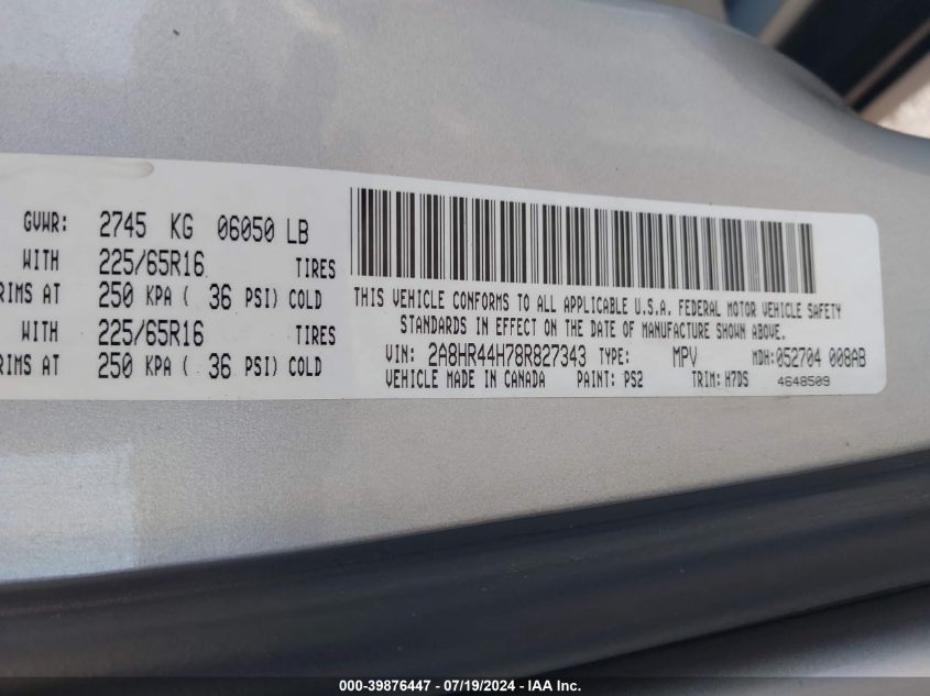 2008 Chrysler Town & Country Lx VIN: 2A8HR44H78R827343 Lot: 39876447