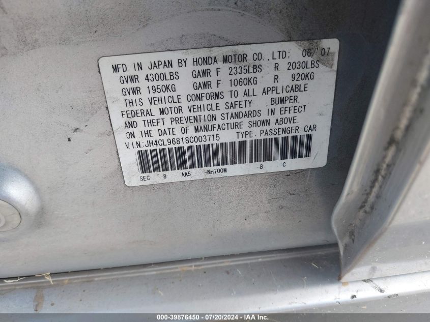 2008 Acura Tsx VIN: JH4CL96818C003715 Lot: 39876450