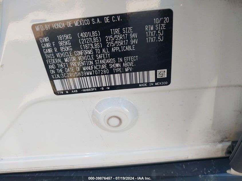 VIN 3CZRU5H39MM707280 2021 HONDA HR-V 2WD LX