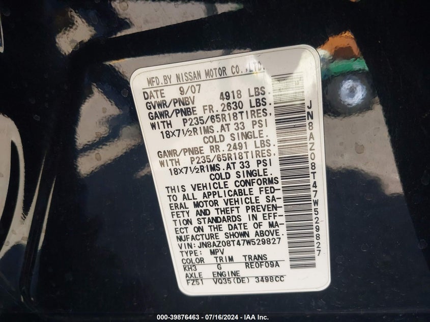 2007 Nissan Murano Sl VIN: JN8AZ08T47W529827 Lot: 39876463