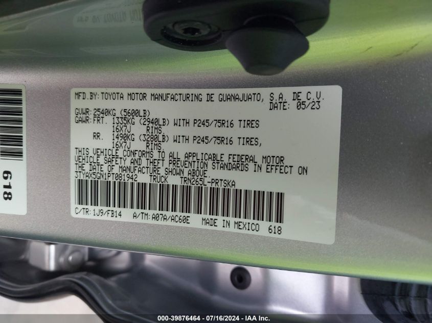 2023 Toyota Tacoma Sr VIN: 3TYAX5GN1PT081942 Lot: 39876464
