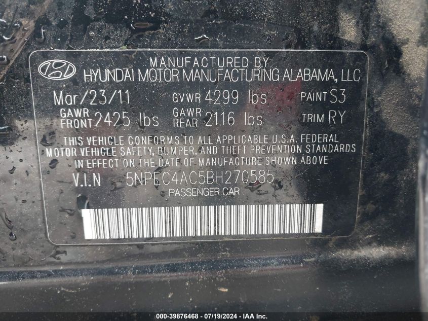 2011 Hyundai Sonata Se VIN: 5NPEC4AC5BH270585 Lot: 39876468