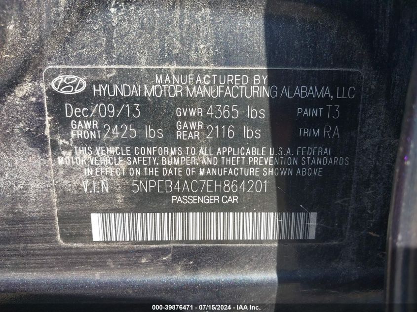 2014 Hyundai Sonata Gls VIN: 5NPEB4AC7EH864201 Lot: 39876471