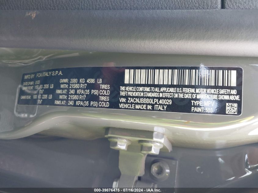 2020 Jeep Renegade Latitude 4X4 VIN: ZACNJBBB0LPL40029 Lot: 39876475