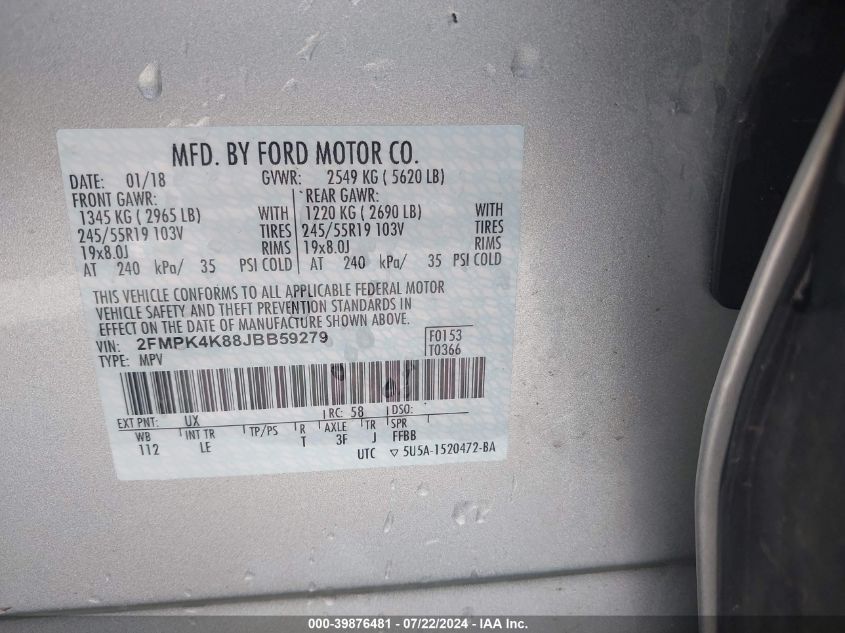 2018 Ford Edge Titanium VIN: 2FMPK4K88JBB59279 Lot: 39876481