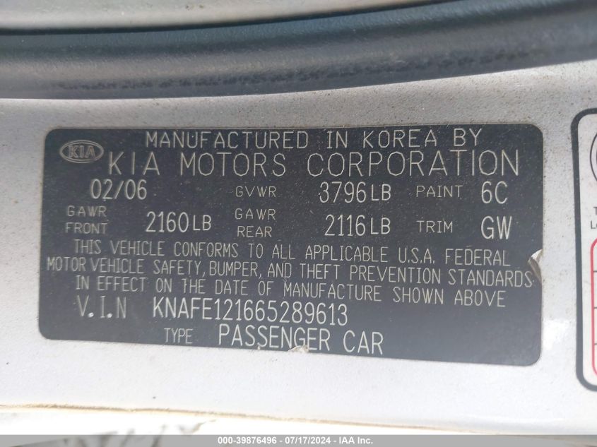 KNAFE121665289613 2006 Kia Spectra Ex/Lx/Sx