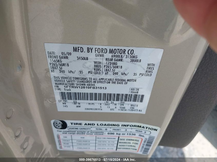 2009 Ford F-150 Xl/Xlt VIN: 1FTRW12819FB31513 Lot: 39876513