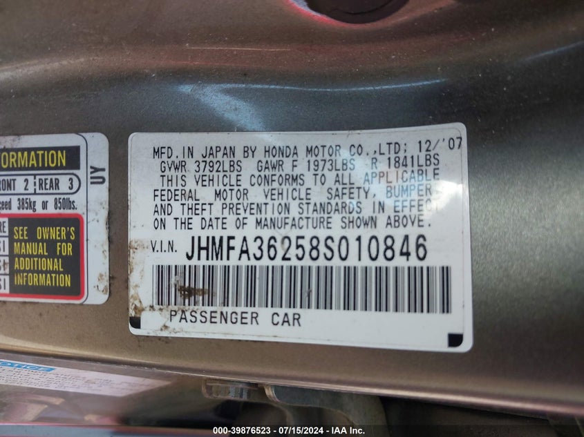 2008 Honda Civic Hybrid VIN: JHMFA36258S010846 Lot: 39876523