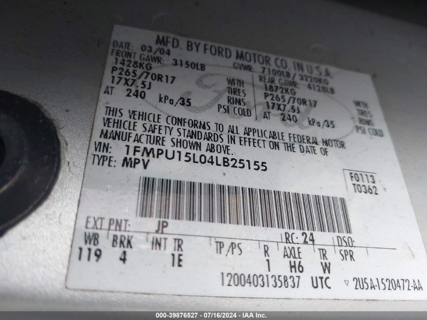 2004 Ford Expedition Xlt VIN: 1FMPU15L04LB25155 Lot: 39876527