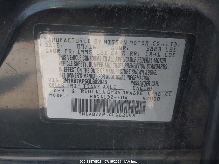 2016 Nissan Sentra Sv VIN: 3N1AB7AP6GL682045 Lot: 39876529