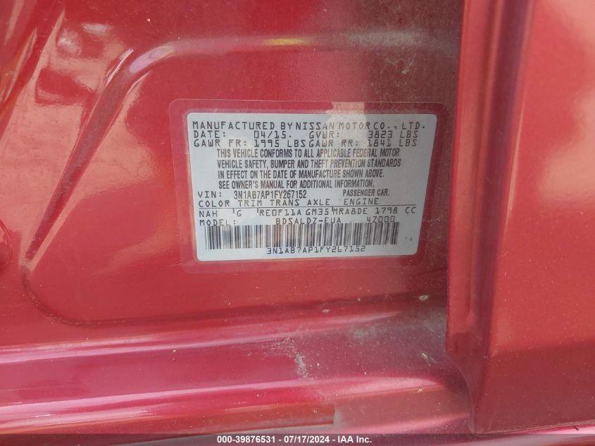 2015 Nissan Sentra Fe+ S/S/Sl/Sr/Sv VIN: 3N1AB7AP1FY267152 Lot: 39876531