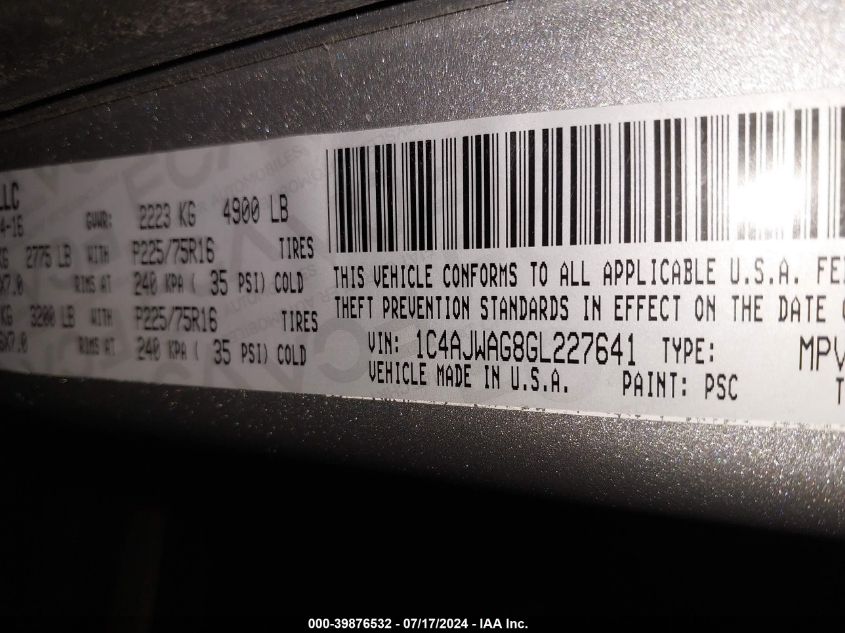 2016 Jeep Wrangler Sport VIN: 1C4AJWAG8GL227641 Lot: 39876532