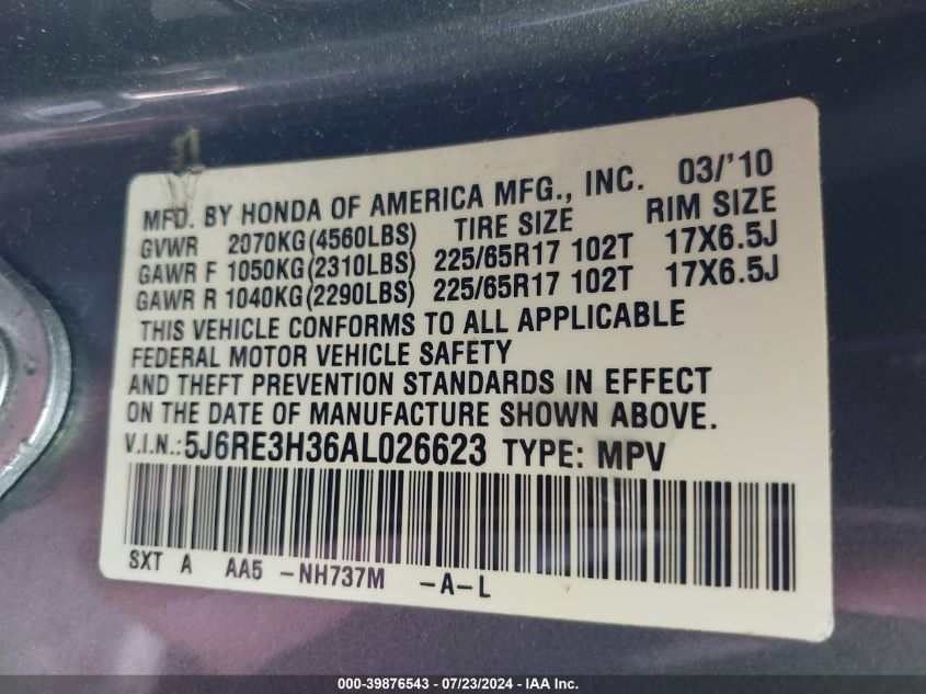 2010 Honda Cr-V Lx VIN: 5J6RE3H36AL026623 Lot: 39876543