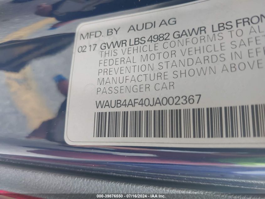 WAUB4AF40JA002367 2018 Audi S4 3.0T Premium Plus